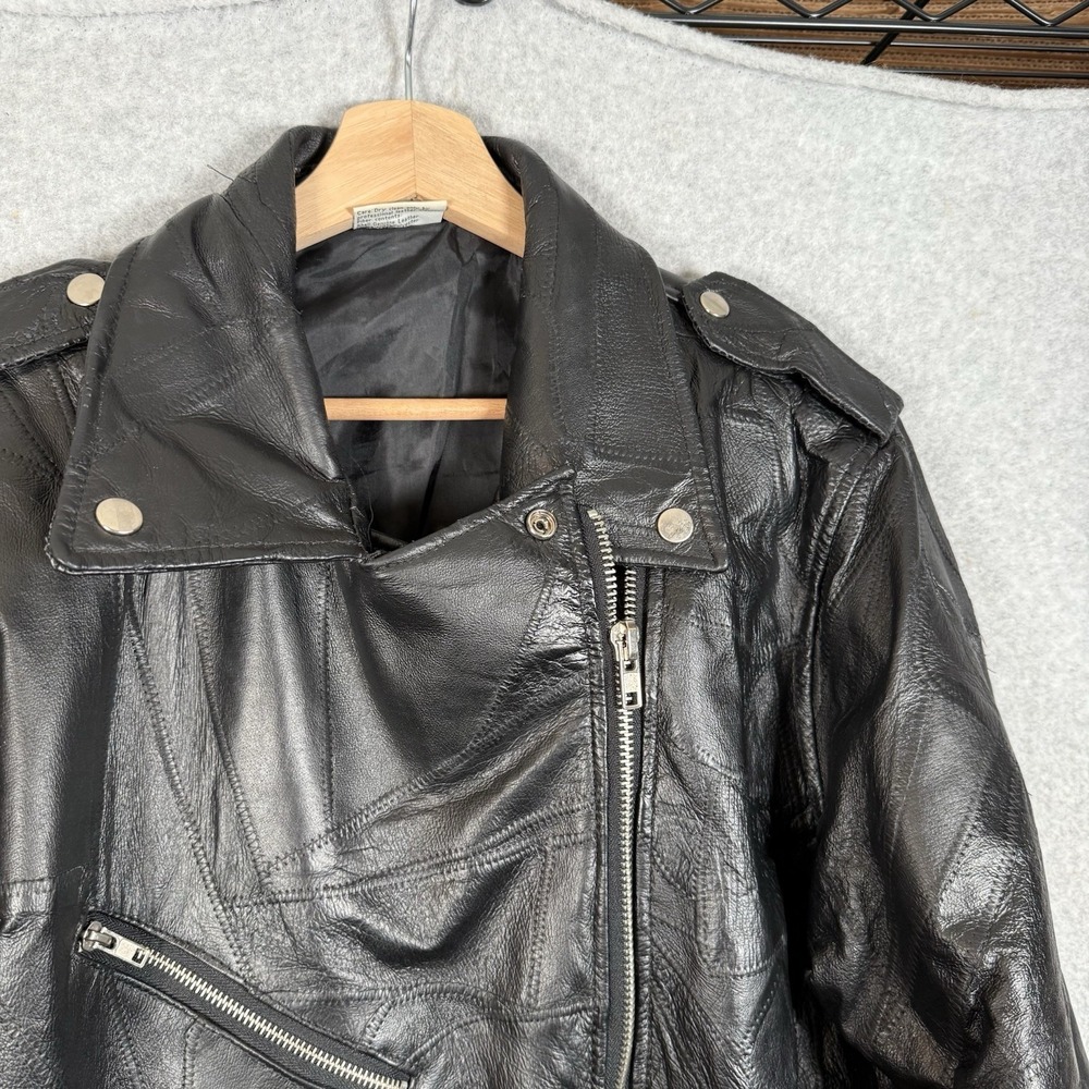 Vintage Patchwork Leather Bomber Jacket Mens Medium Black Zip Moto Cropped - Picture 4 of 11